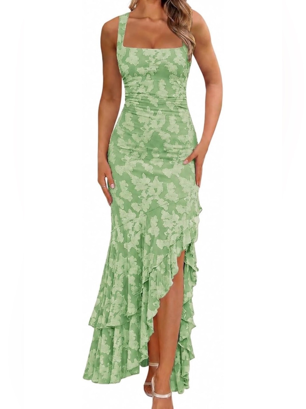 Sage Green Textured Floral Ruched Ruffle Asymmetrical Maxi Dress Size Small